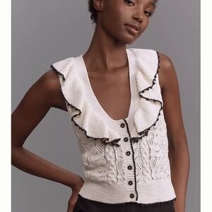 Anthropologie Maeve Ruffled Scoop-Neck Sweater Tank Cream Black Cable Knit XL